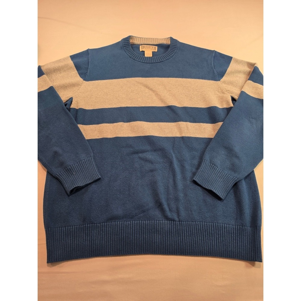 Duluth Trading Co Mens Large Blue Tan Striped Cotton Blend Crew Neck Sweater